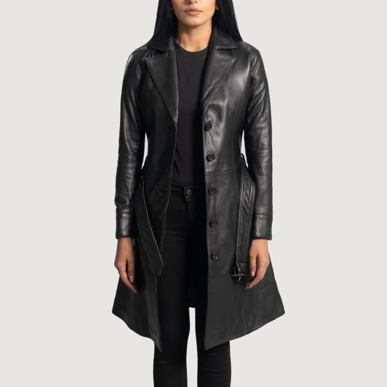 Womens Moonlight Black Leather Trench Coat Open Front-4-1664358223820